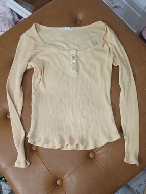 S Spell Rosa Ribbed Square-Neck Henley Long-Sleeve Top - Cream